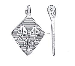 Medieval horse harness pendant with three mitres from site of medieval bishop's palace.