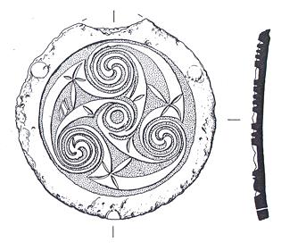Drawing of part of an Early Saxon hanging bowl decorated with red enamel from Brandiston.