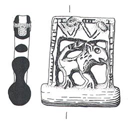 Drawing of a medieval scabbard chape from Hainford. It depicts a lion in openwork.