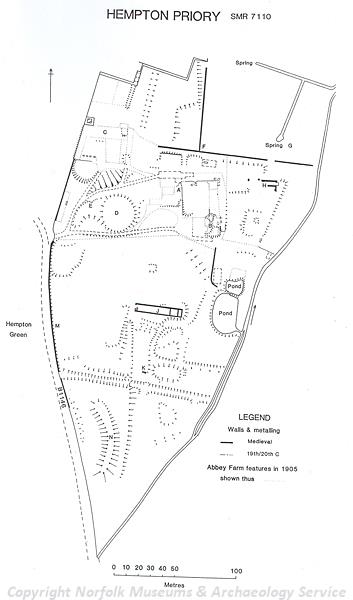 Plan of the earthworks of St Stephen's Priory, Hempton. An Augustinian priory that was founded as a hospital in about 1135 before becoming a priory in about 1200. It was dissolved in the 16th century. The medieval precinct walls are still standing in places, a long partitioned building in the centre of the site has evidence of medieval brickwork and flint masonry