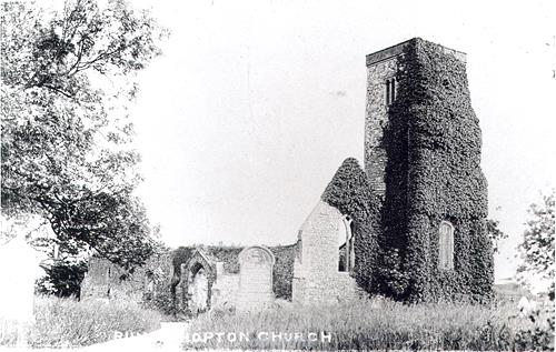 Photograph of the ruins of St Margaret's Church, Hopton. The 14th and 15th century church was burnt down in 1865 and has stood abandoned ever since