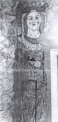 Photograph of nationally important wall paintings in the medieival priory of St Faith in Horsham St Faith. The painting depicts St Faith herself. photograph from the eastern Daily Press.
