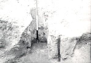 Photograph of an 2nd century AD Roman iron smelting furnace excavated in the 1950s at Leziate.