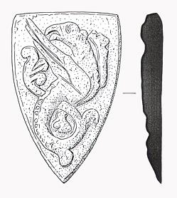 Drawing of a medieval shield-shaped weight with a cast relief of a wyvern from Merton.