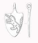 Drawing of a medieval horse harness pendant from Narborough. The pendant depicts a unicorn.