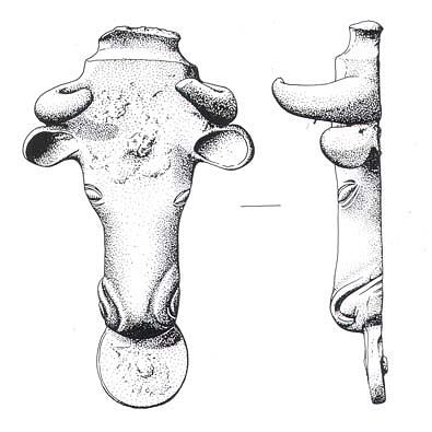 Drawing of an Iron Age bucket or cauldron mount from a Roman settlement in Narford.