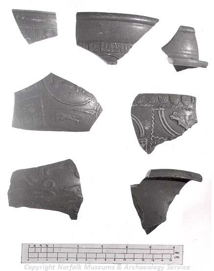 Pieces of Roman Samian pottery found on a Roman settlement in Narford
