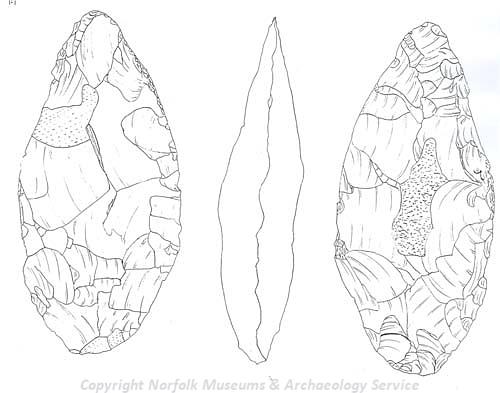 Drawing of a Palaeolithic flint handaxe found in North Tuddenham.