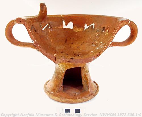 A post medieval earthenware chafing dish found in London Street, Norwich