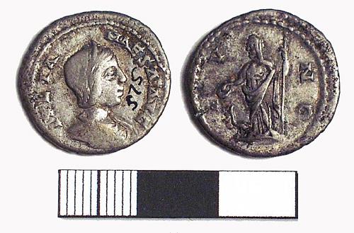 Photograph of a Roman silver denarius coin of Julia Maesa from Caister-On-Sea. Photograph from MODES.