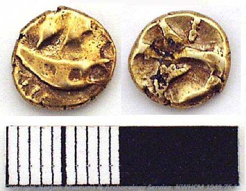 An Iron Age Gallo-Belgic D gold quarter stater found at Snettisham.