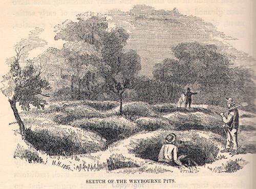 Drawing of the excavation of the ironworking pits between Weybourne and Runton.