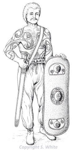 Drawing of an Iron Age Iceni warrior with tattoos on this chest and arms.