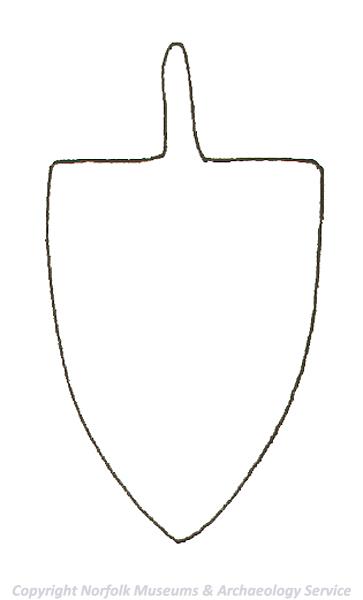 Drawing of the template used to make a shield-shaped medieval horse harness pendant.