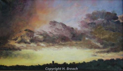 Photograph of one of Helen Breach's paintings of a storm over St James' Church, Castle Acre.