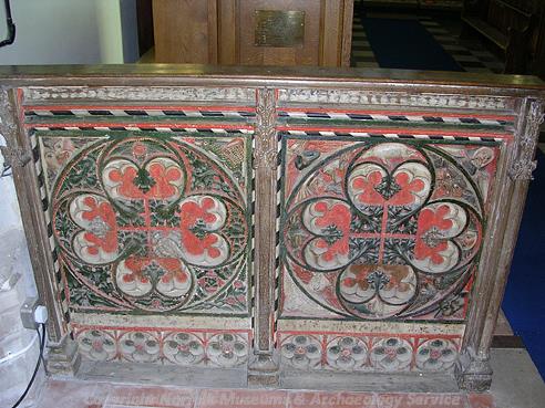 Photograph of the medieval rood screen within All Saints' Church, Dickleburgh.