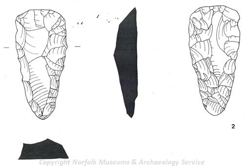 Drawing of a Neolithic flint axehead roughout found at Ringland.
