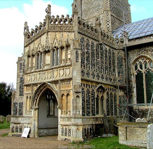 Photograph of the magnificent late 15th century porch at St Mary's Church, Pulham St Mary. Photograph from www.norfolkchurches.co.uk