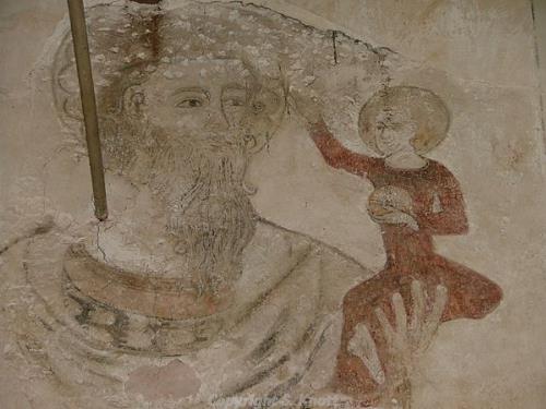 Photograph of a medieval wall painting of St Christopher in St Margaret's Church, Paston. photograph from www.norfolkchurches.co.uk
