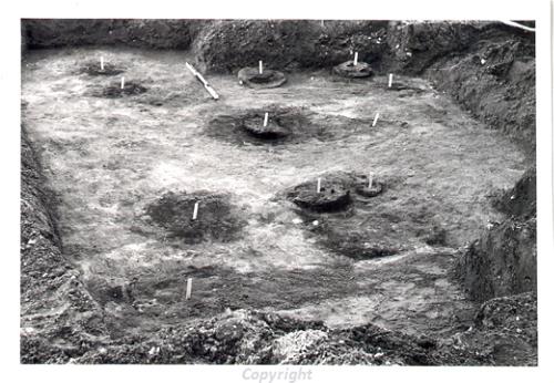 Photograph of the excavation of a Bronze Age urnfield in Witton in the 1960s.