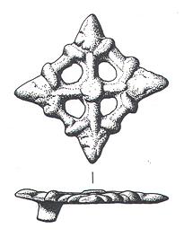 Drawing of a bronze lozenge form openwork brooch of Viking type dating to the 9th to 10th century from Marham.