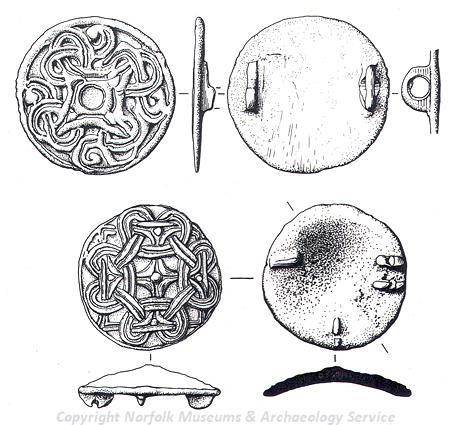 Drawing of two Late Saxon disc brooches with interlace decoration found in Thurlton.