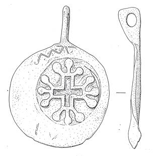 Drawing of a medieval enamel and niello horse harness pendant from Swaffham.