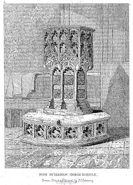 Etching of the font in St Peter's Church, Yaxham, by J.S. Cotman.
