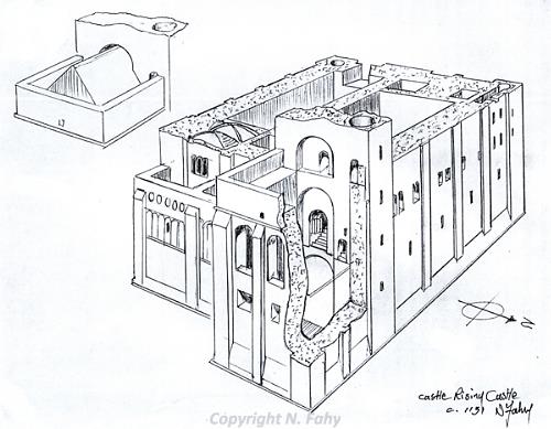Perspective cut-away sketch of the castle keep of Castle Rising Castle.