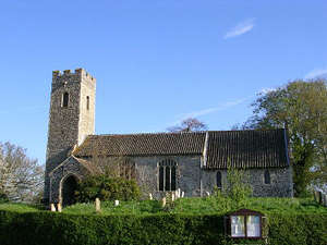 St Andrew's Church, Attlebridge, showing the 13th nave and chancel and the 15th century tower and south porch.