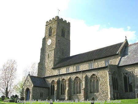 St Martin's Church from the southeast, showing the west tower, nave and the south porch.